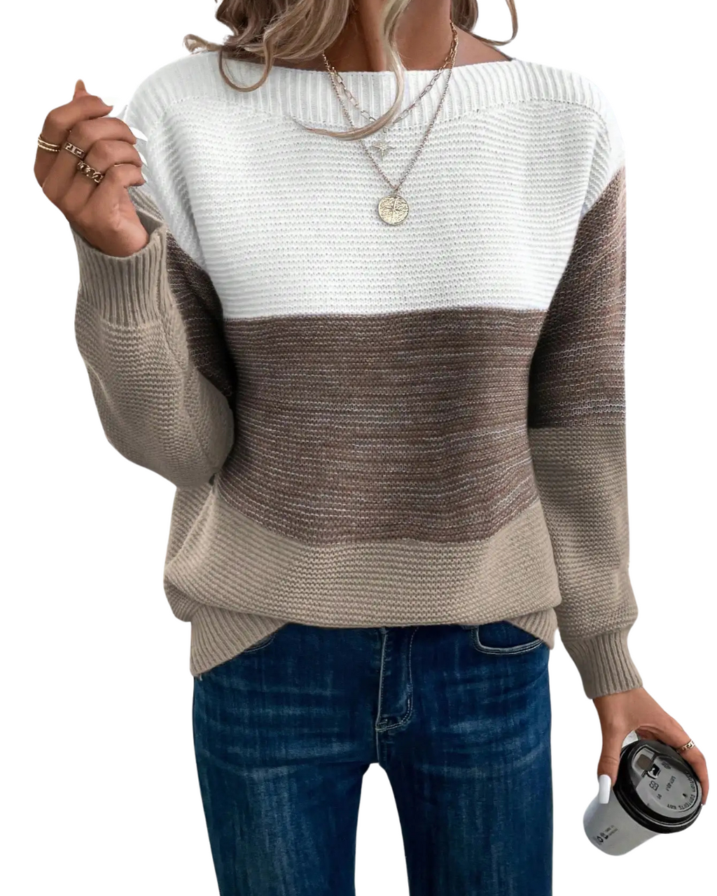 Women's color block knit jumper with crew neckline and long sleeves