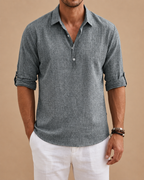 Men's long-sleeved textured polo shirt with button placket and roll-up sleeve tabs
