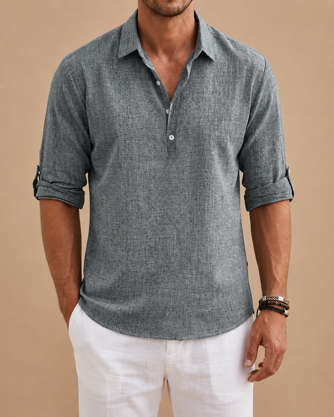 Men's long-sleeved textured polo shirt with button placket and roll-up sleeve tabs