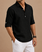 Men's long-sleeved textured polo shirt with button placket and roll-up sleeve tabs