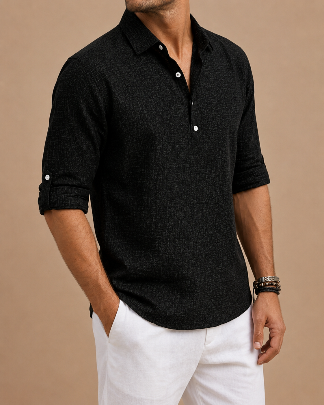 Men's long-sleeved textured polo shirt with button placket and roll-up sleeve tabs