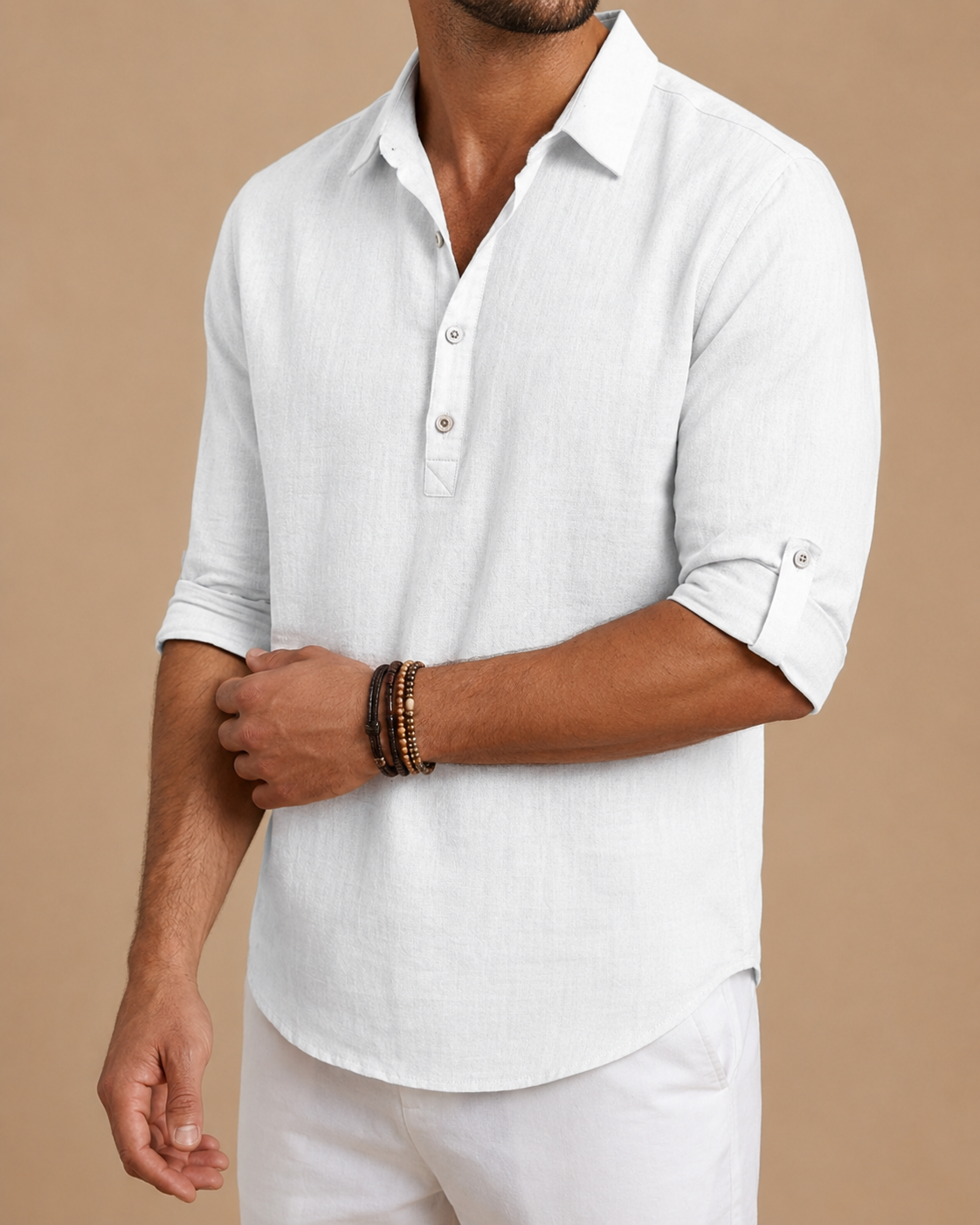 Men's long-sleeved textured polo shirt with button placket and roll-up sleeve tabs