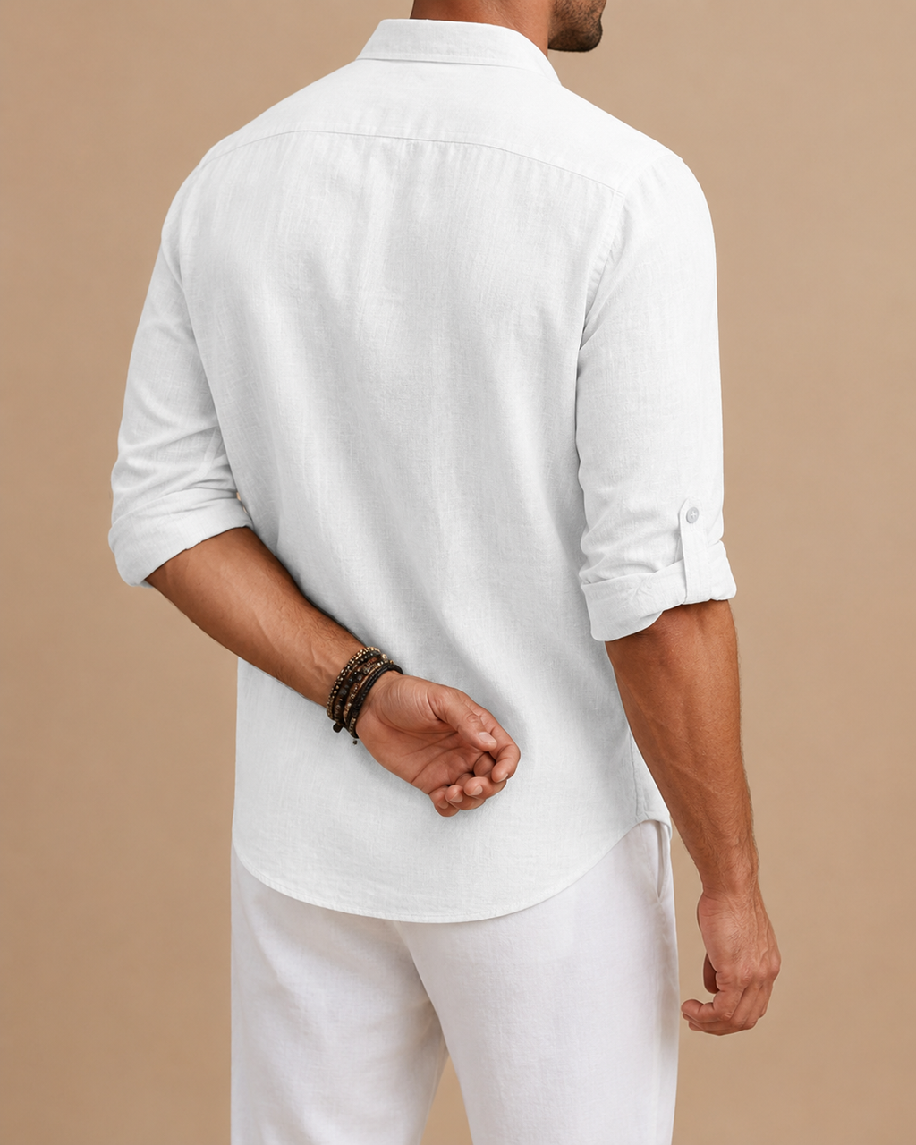 Men's long-sleeved textured polo shirt with button placket and roll-up sleeve tabs