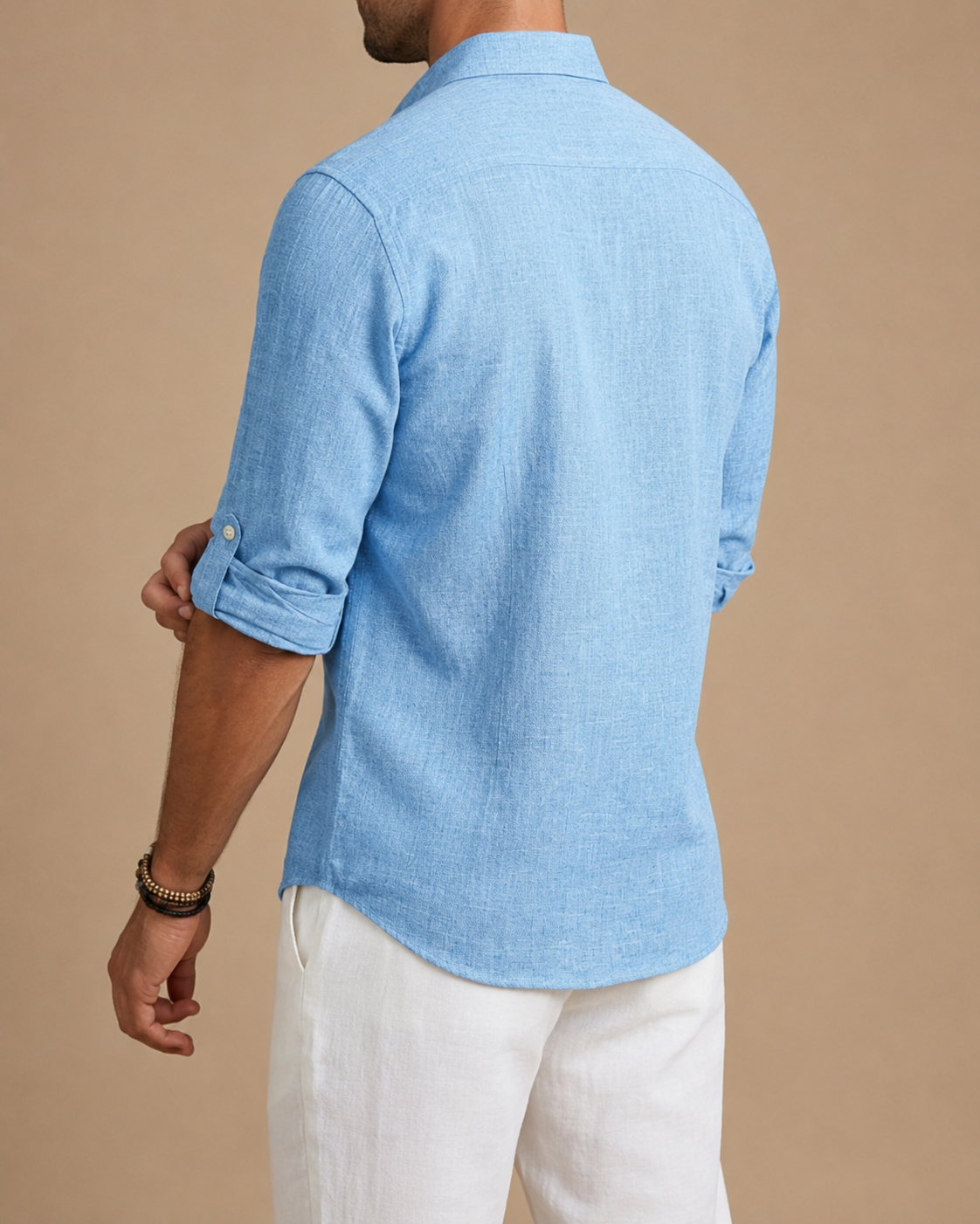 Men's long-sleeved textured polo shirt with button placket and roll-up sleeve tabs