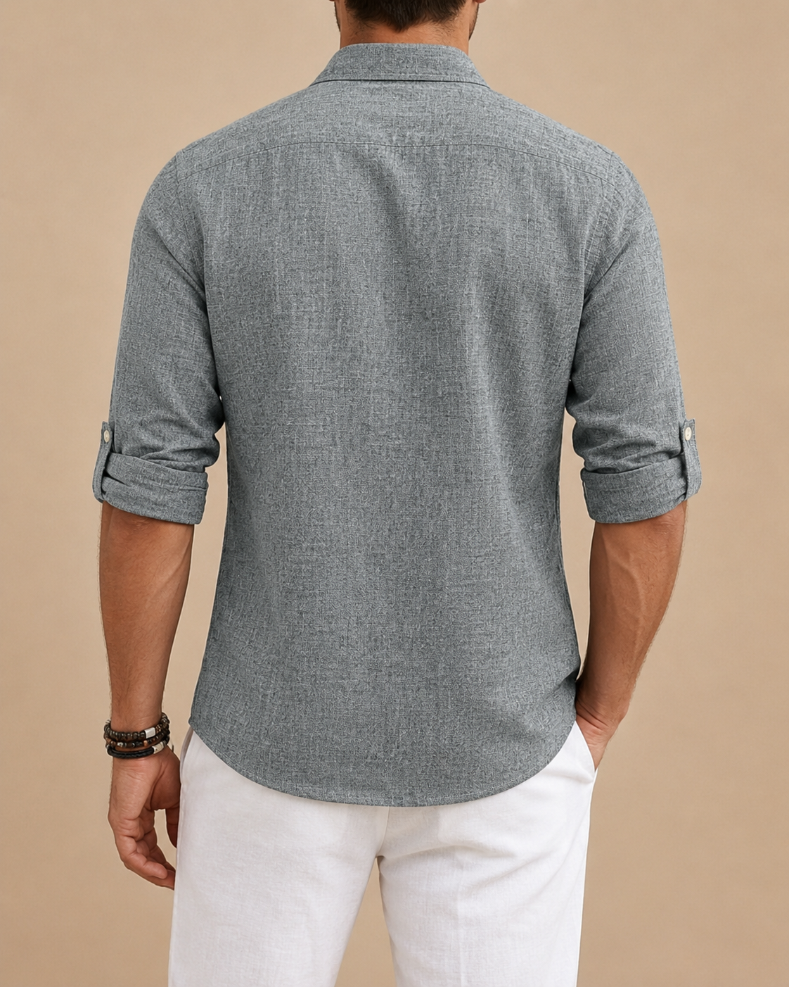 Men's long-sleeved textured polo shirt with button placket and roll-up sleeve tabs