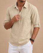 Men's long-sleeved textured polo shirt with button placket and roll-up sleeve tabs