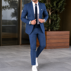 Men's two-piece suit with notch lapels, slim trousers and long sleeves