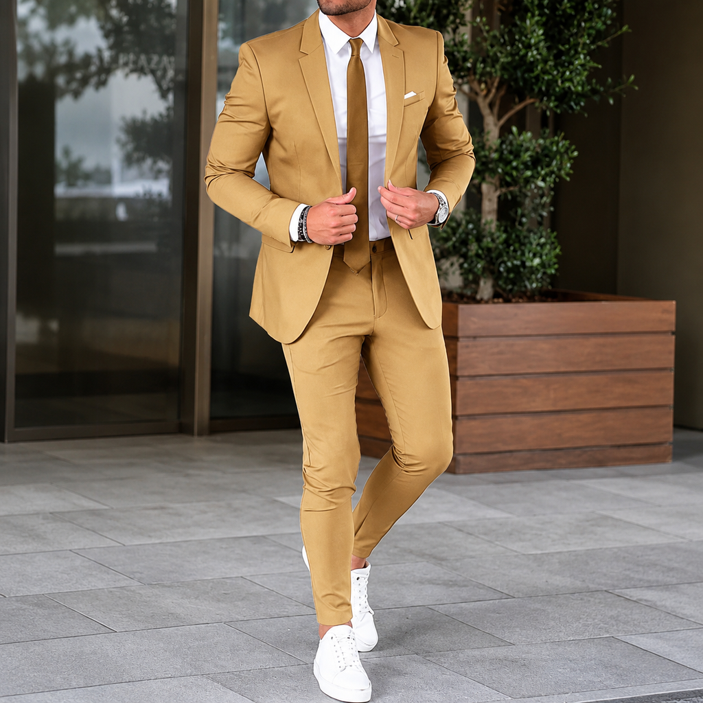 Men's two-piece suit with notch lapels, slim trousers and long sleeves