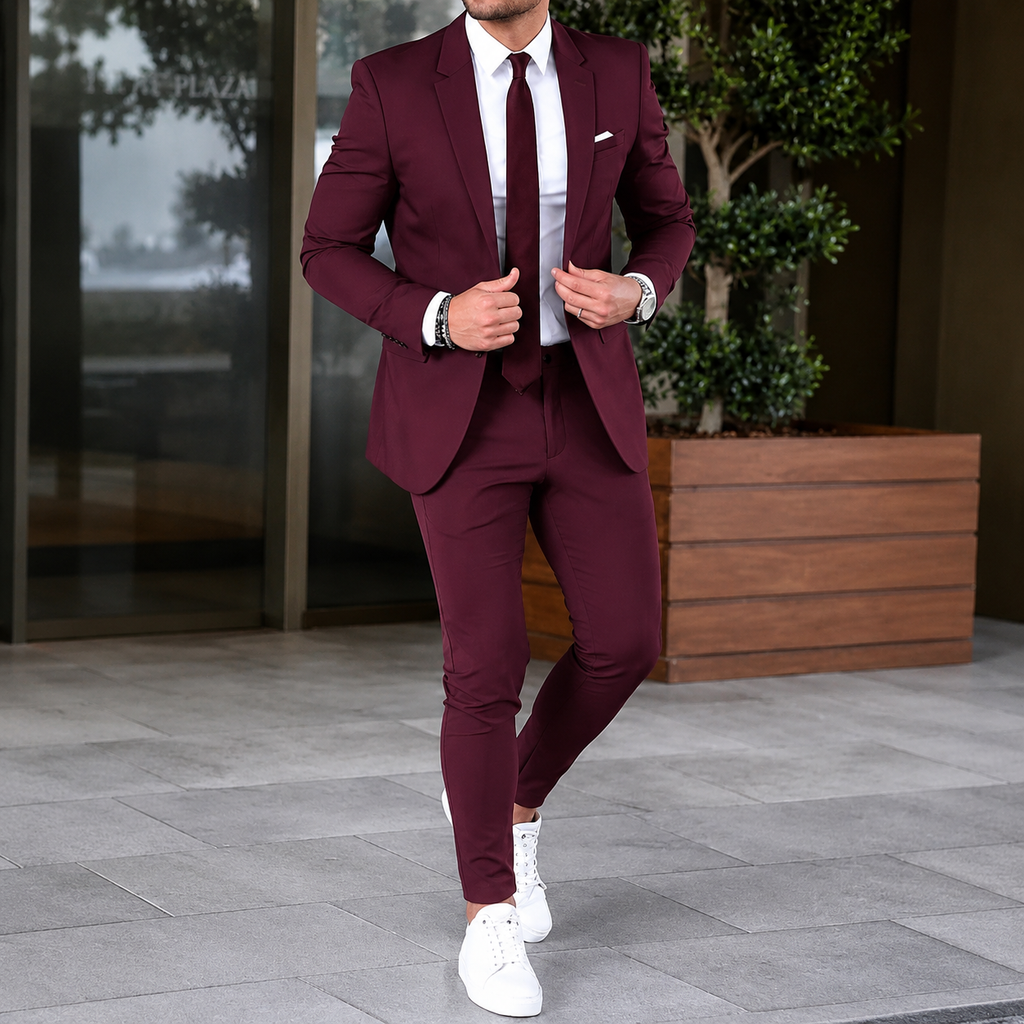 Men's two-piece suit with notch lapels, slim trousers and long sleeves