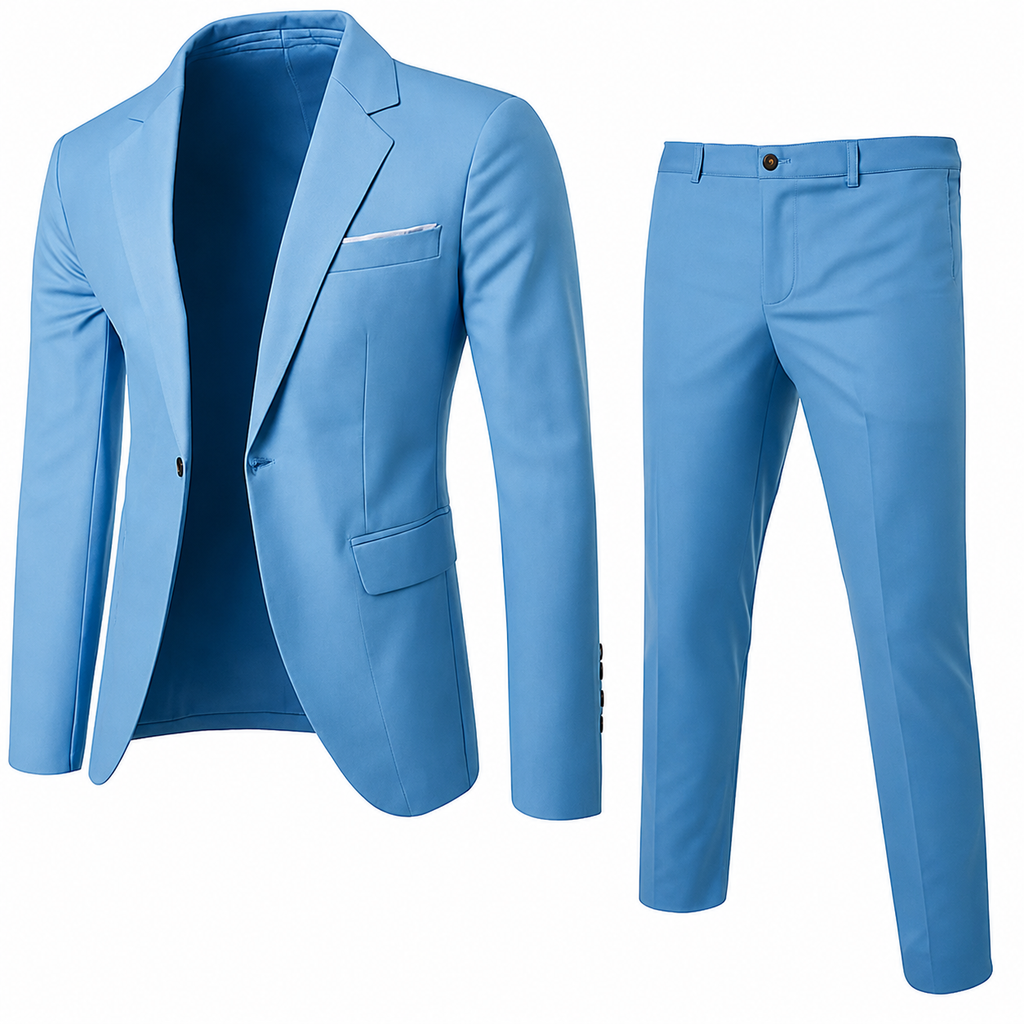 Men's two-piece suit with notch lapels, slim trousers and long sleeves