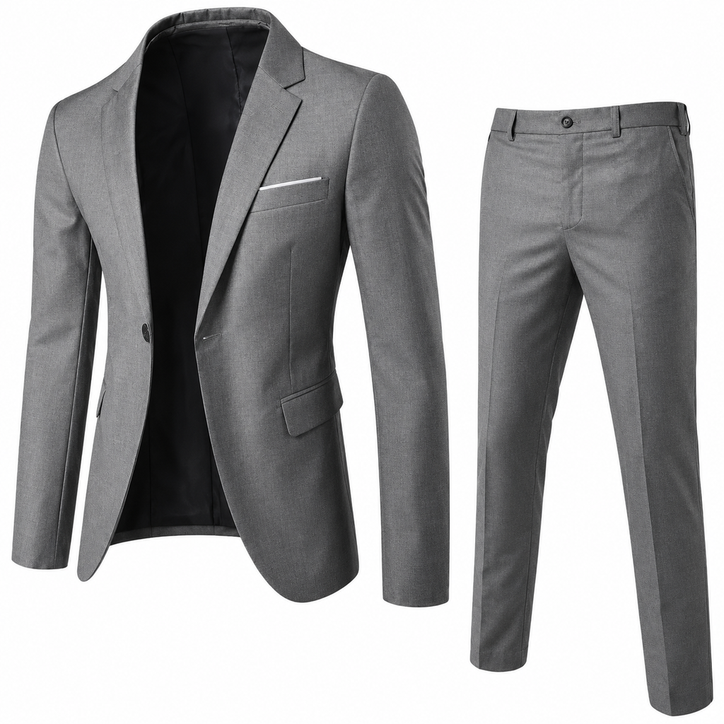 Men's two-piece suit with notch lapels, slim trousers and long sleeves