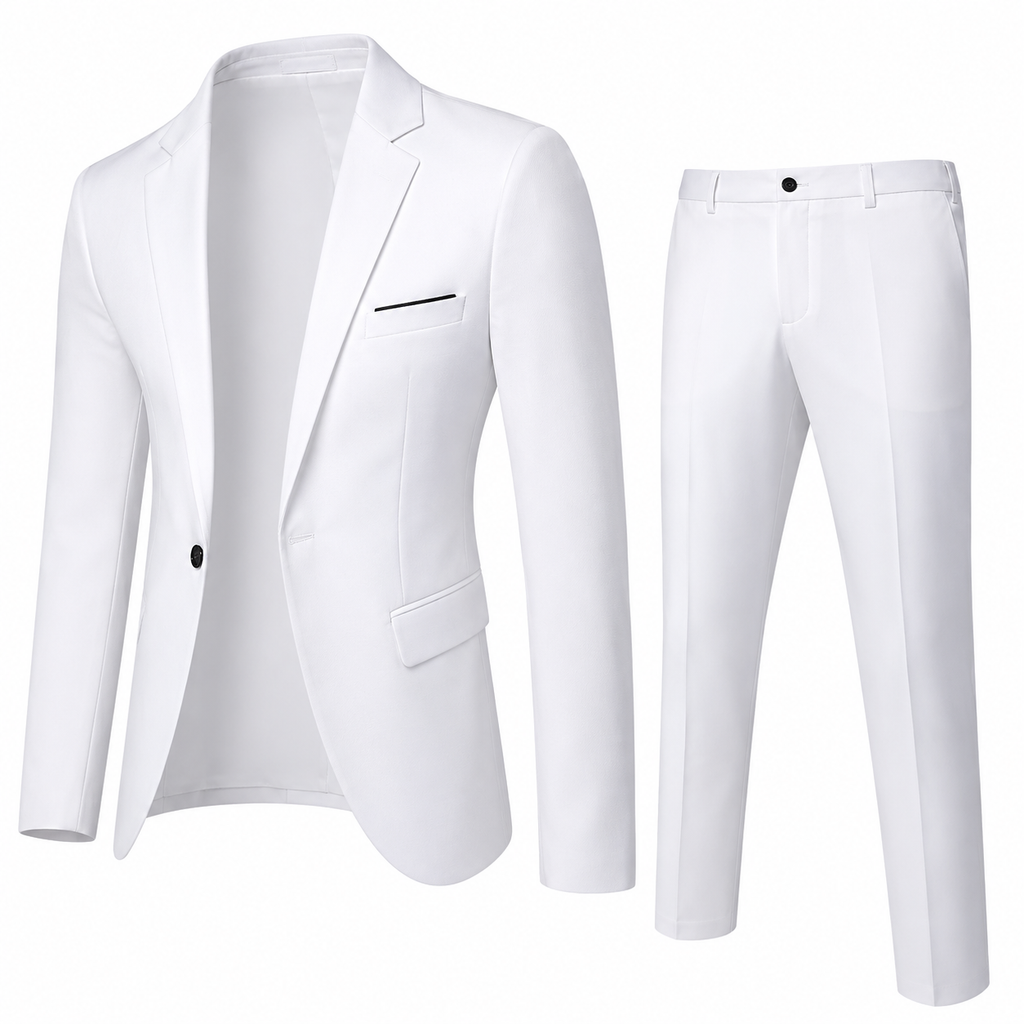 Men's two-piece suit with notch lapels, slim trousers and long sleeves