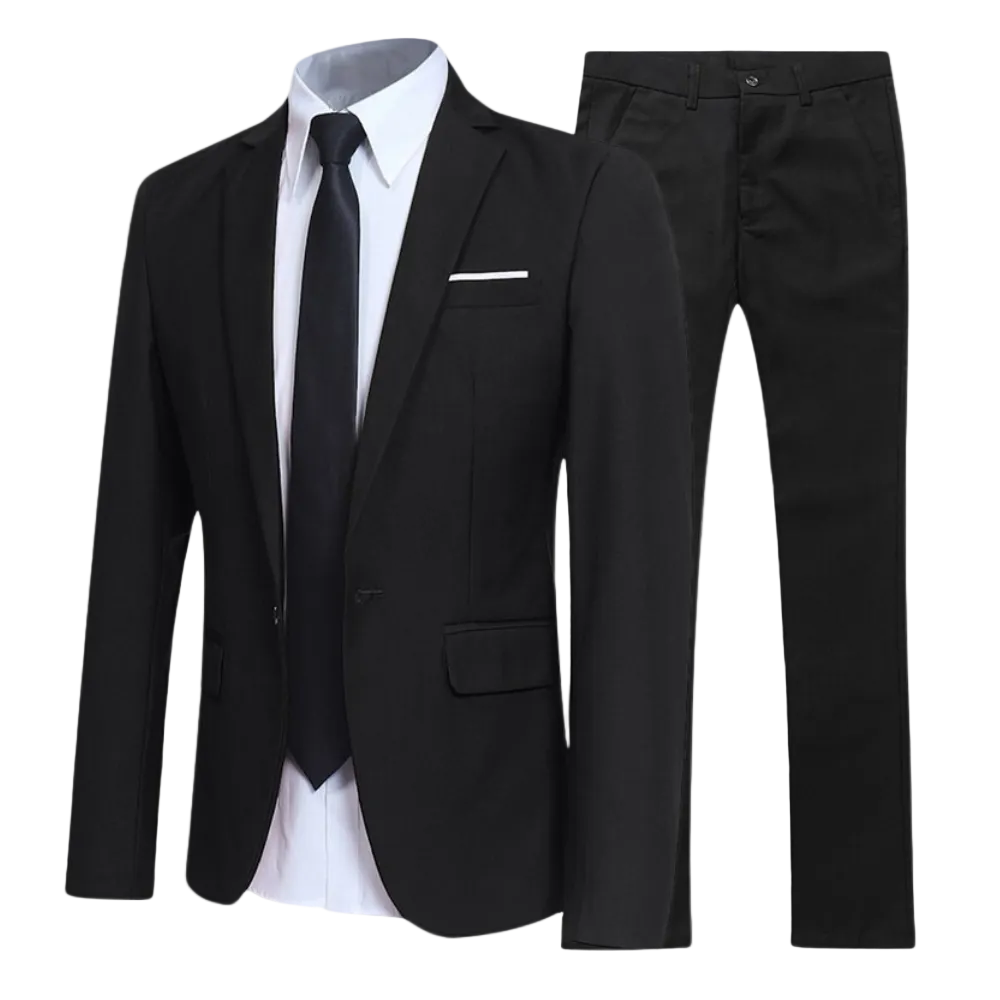 Men's two-piece suit with tailored jacket, shirt, tie and matching trousers