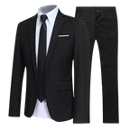 Men's two-piece suit with tailored jacket, shirt, tie and matching trousers