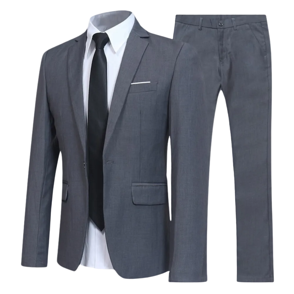 Men's two-piece suit with tailored jacket, shirt, tie and matching trousers