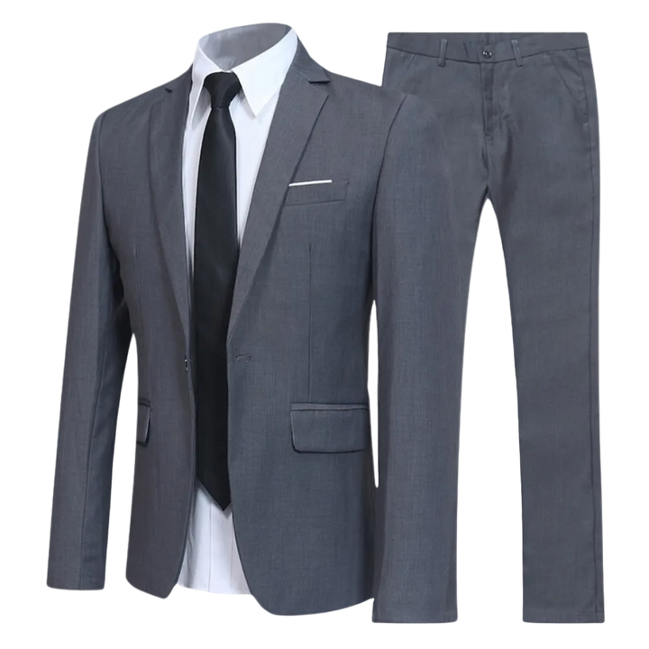 Men's two-piece suit with tailored jacket, shirt, tie and matching trousers
