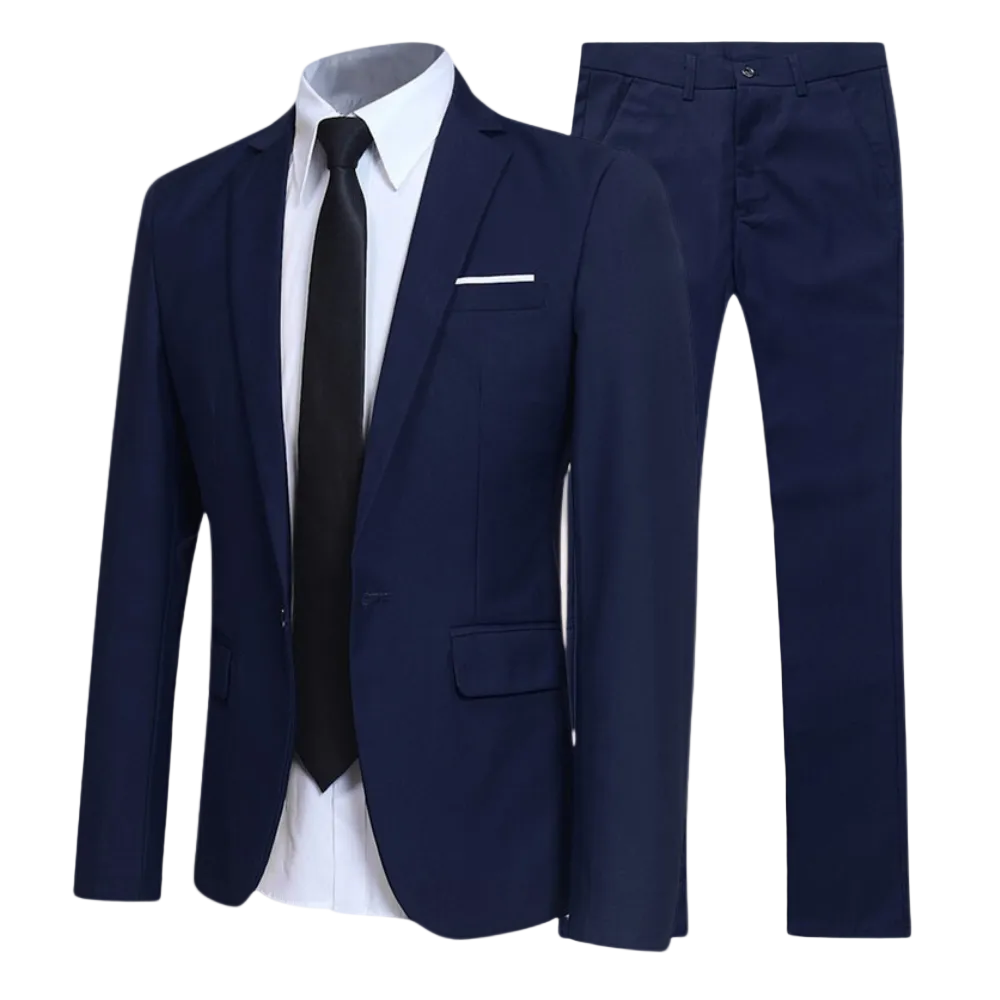 Men's two-piece suit with tailored jacket, shirt, tie and matching trousers