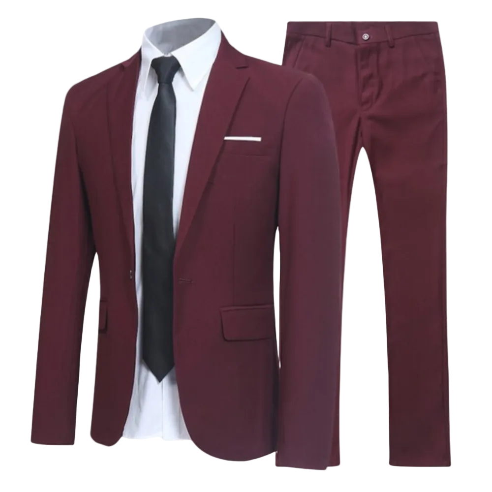 Men's two-piece suit with tailored jacket, shirt, tie and matching trousers