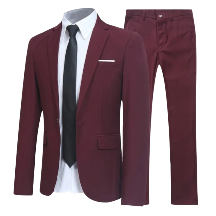 Men's two-piece suit with tailored jacket, shirt, tie and matching trousers