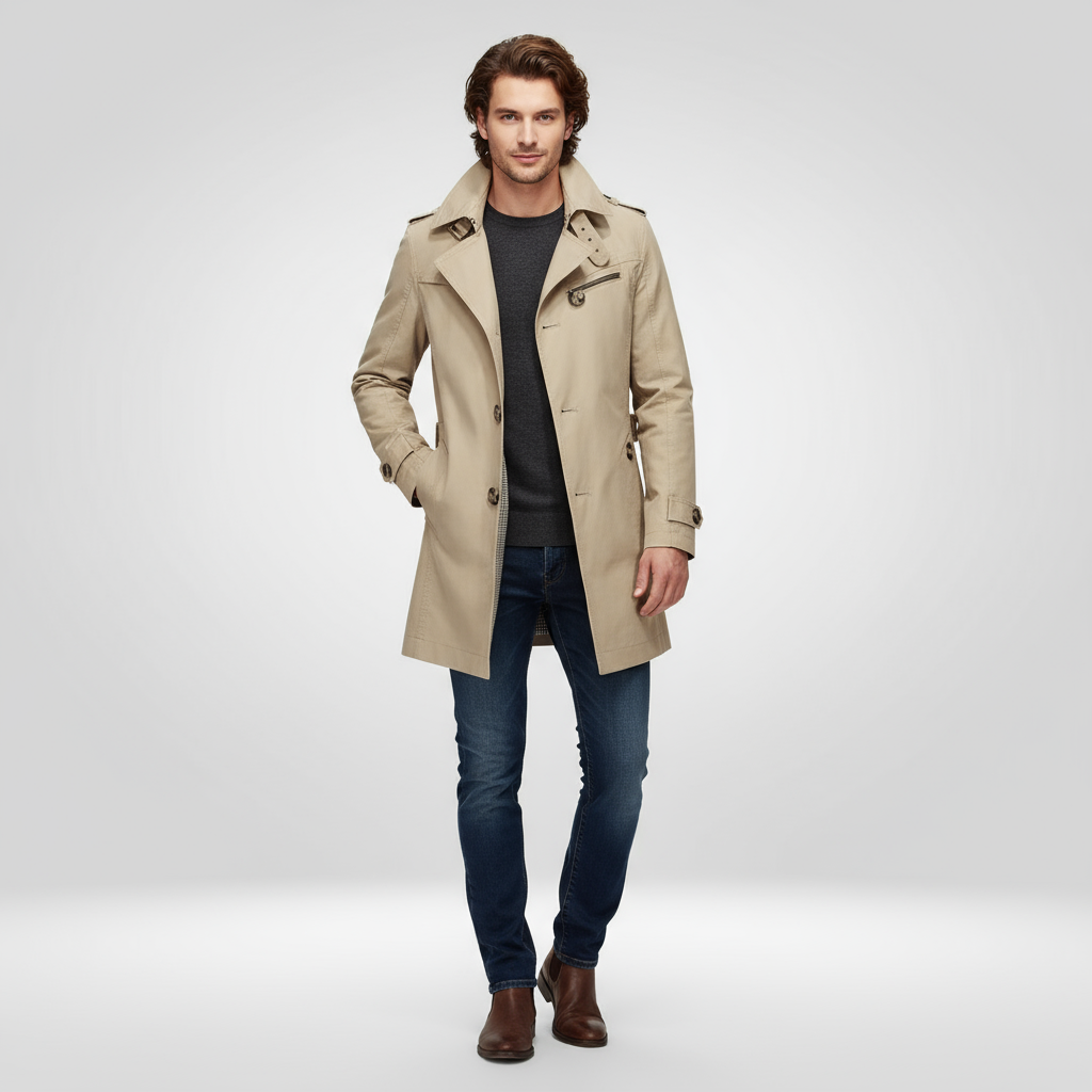 Men's trench coat with button fastening, long sleeves, belt and checked inner panel