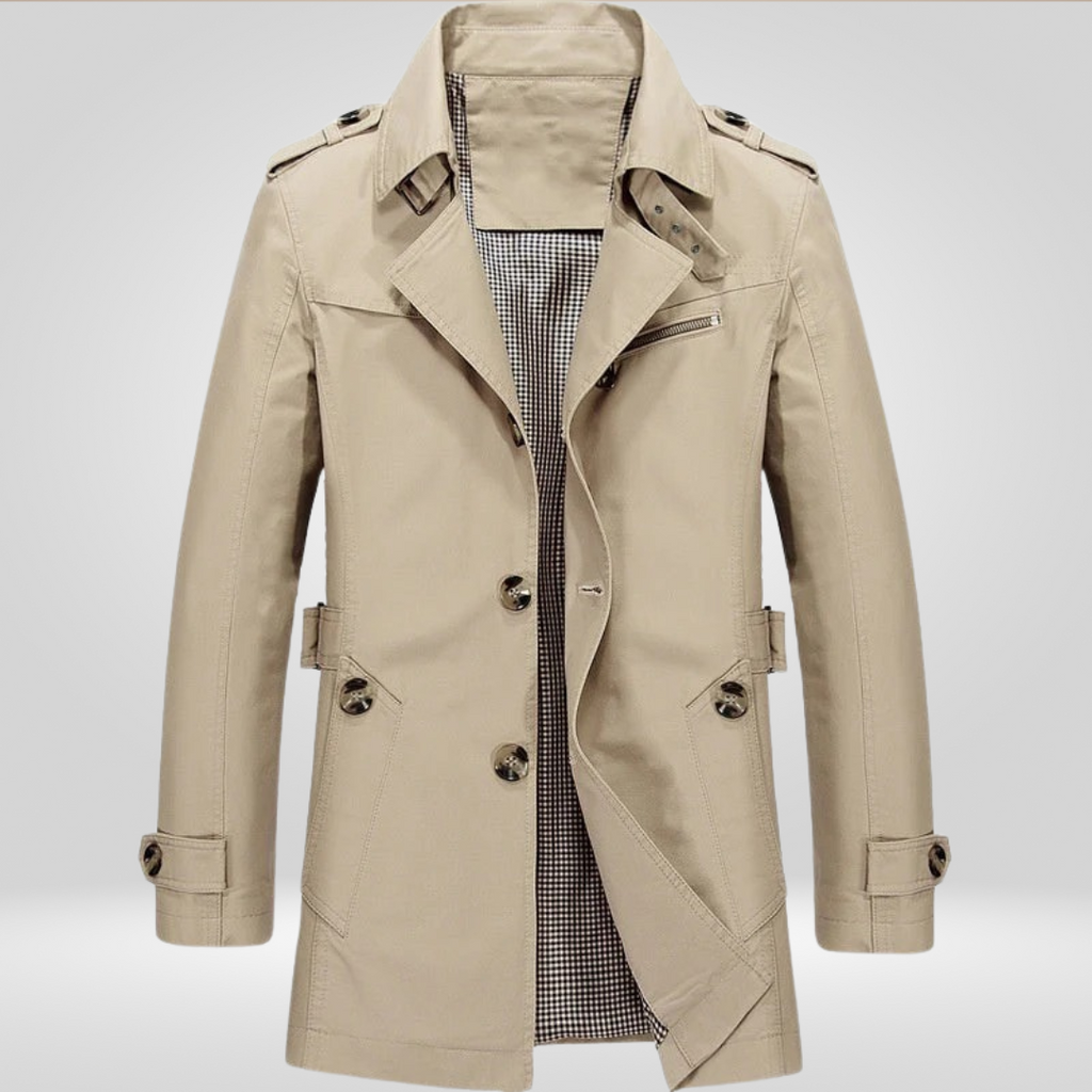 Men's trench coat with button fastening, long sleeves, belt and checked inner panel