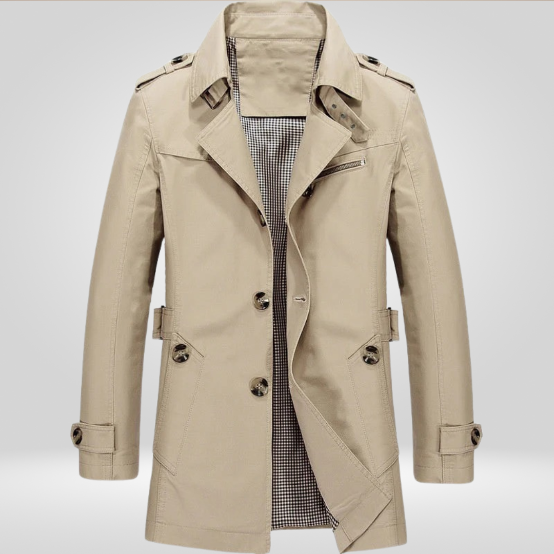 Men's trench coat with button fastening, long sleeves, belt and checked inner panel