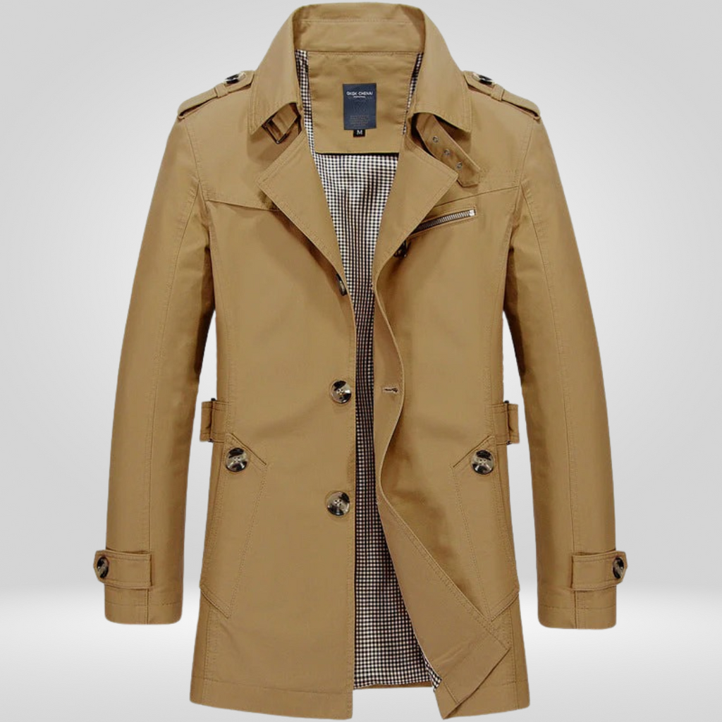 Men's trench coat with button fastening, long sleeves, belt and checked inner panel