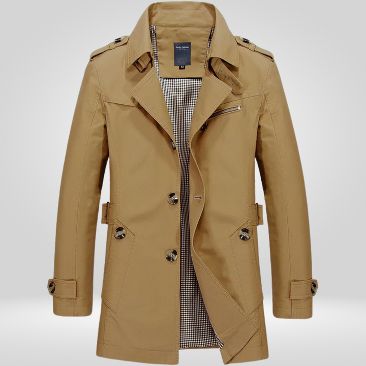 Men's trench coat with button fastening, long sleeves, belt and checked inner panel
