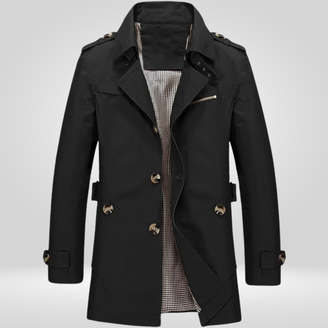 Men's trench coat with button fastening, long sleeves, belt and checked inner panel