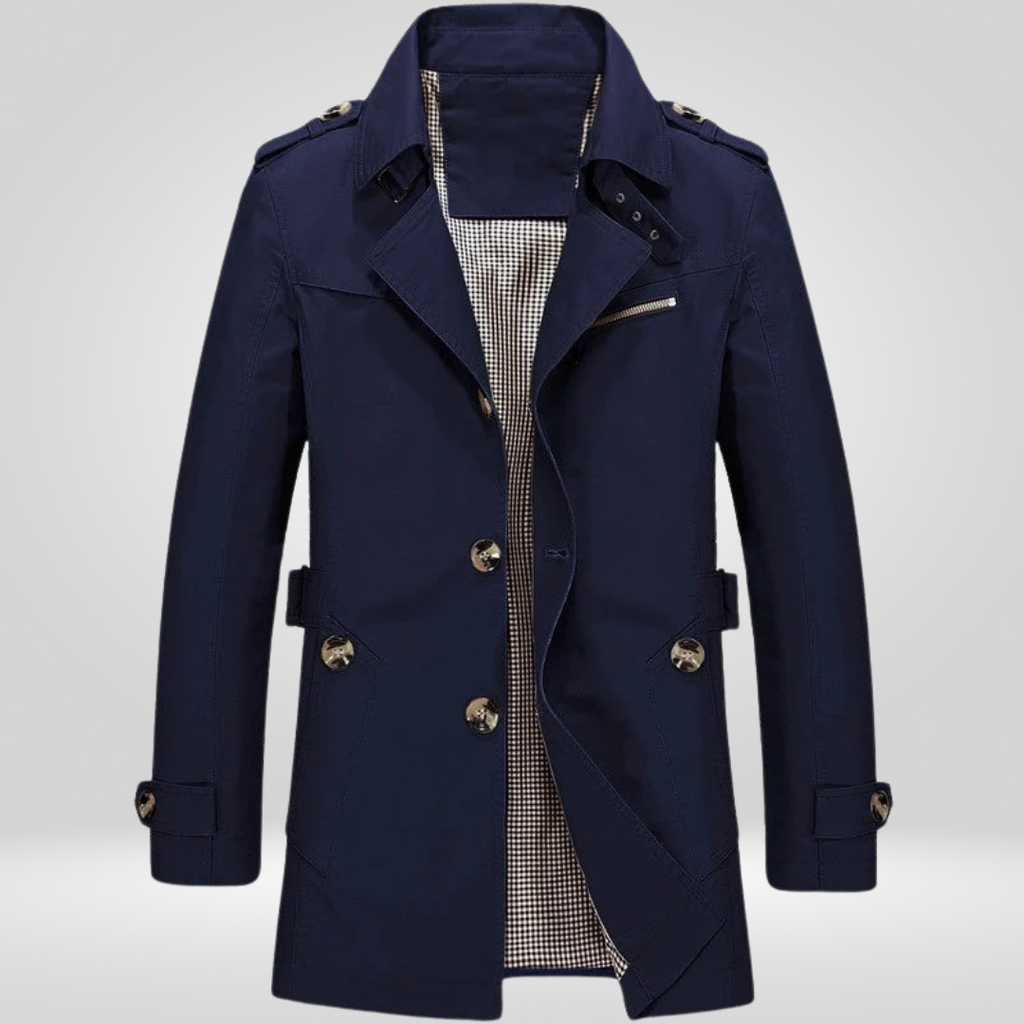 Men's trench coat with button fastening, long sleeves, belt and checked inner panel