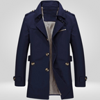 Men's trench coat with button fastening, long sleeves, belt and checked inner panel