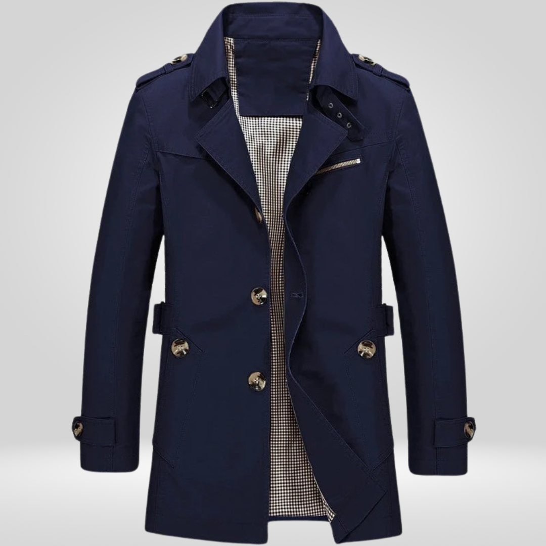 Men's trench coat with button fastening, long sleeves, belt and checked inner panel