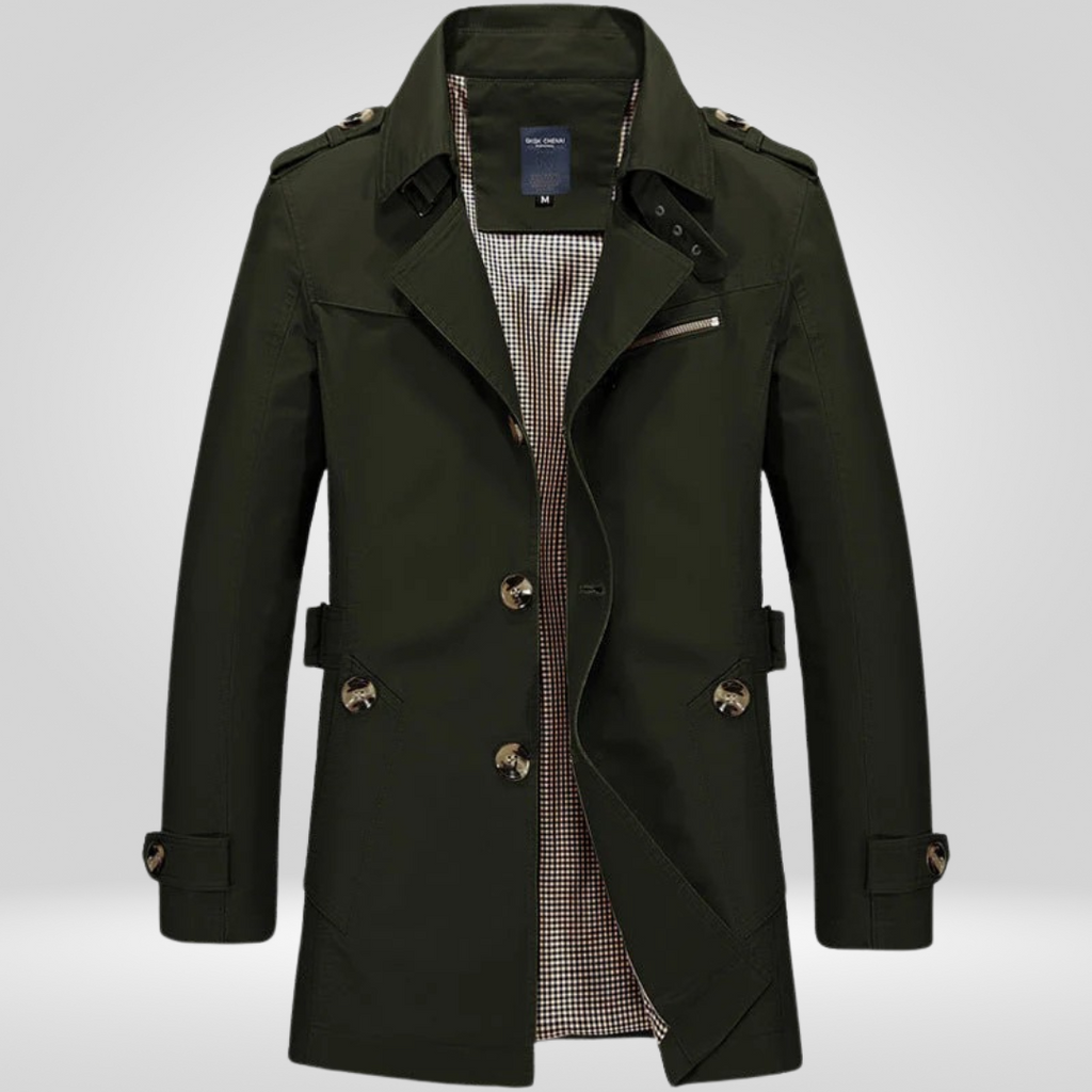 Men's trench coat with button fastening, long sleeves, belt and checked inner panel
