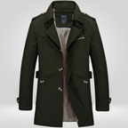 Men's trench coat with button fastening, long sleeves, belt and checked inner panel