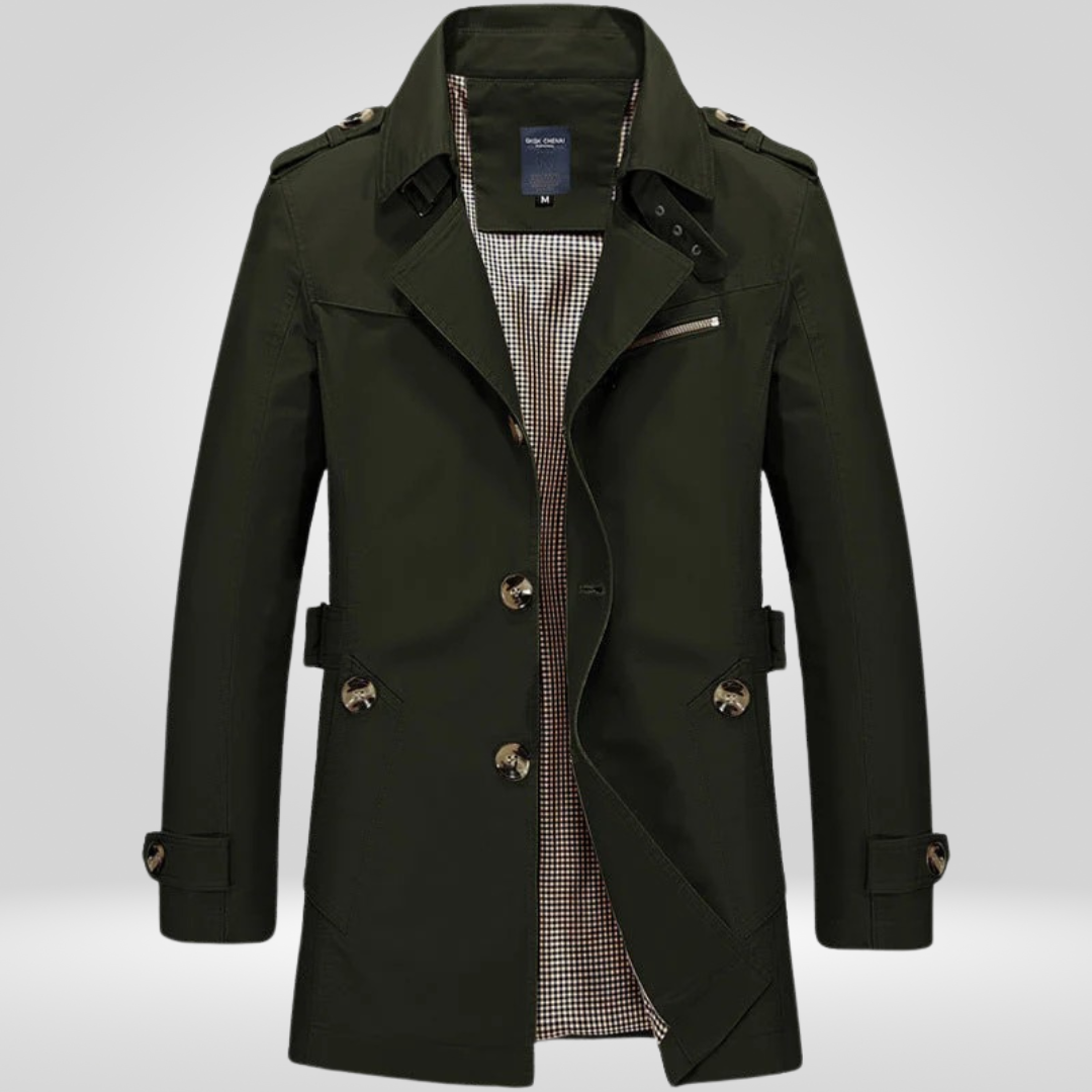Men's trench coat with button fastening, long sleeves, belt and checked inner panel
