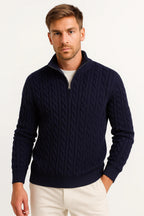 Men's cable knit half-zip sweater with high collar