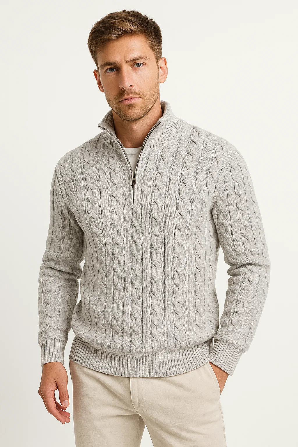 Men's cable knit half-zip sweater with high collar