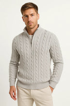 Men's cable knit half-zip sweater with high collar