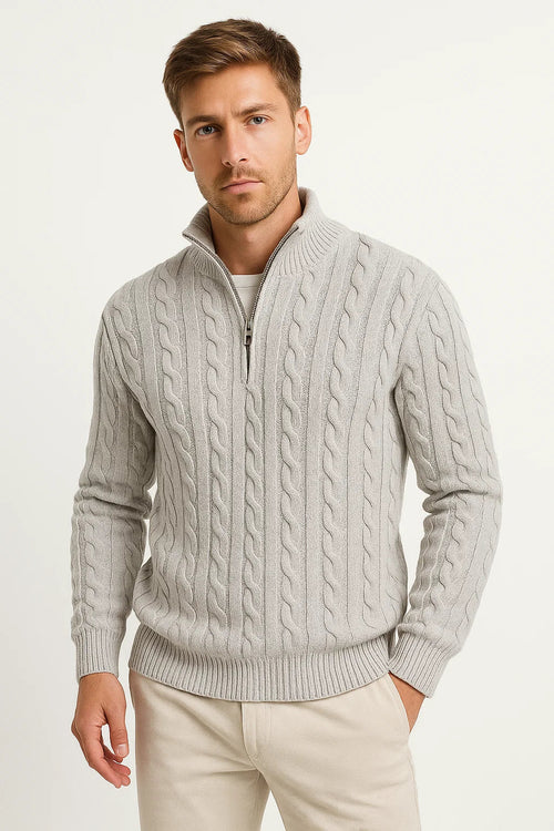 Men's cable knit half-zip sweater with high collar