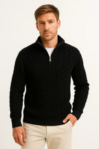 Men's cable knit half-zip sweater with high collar