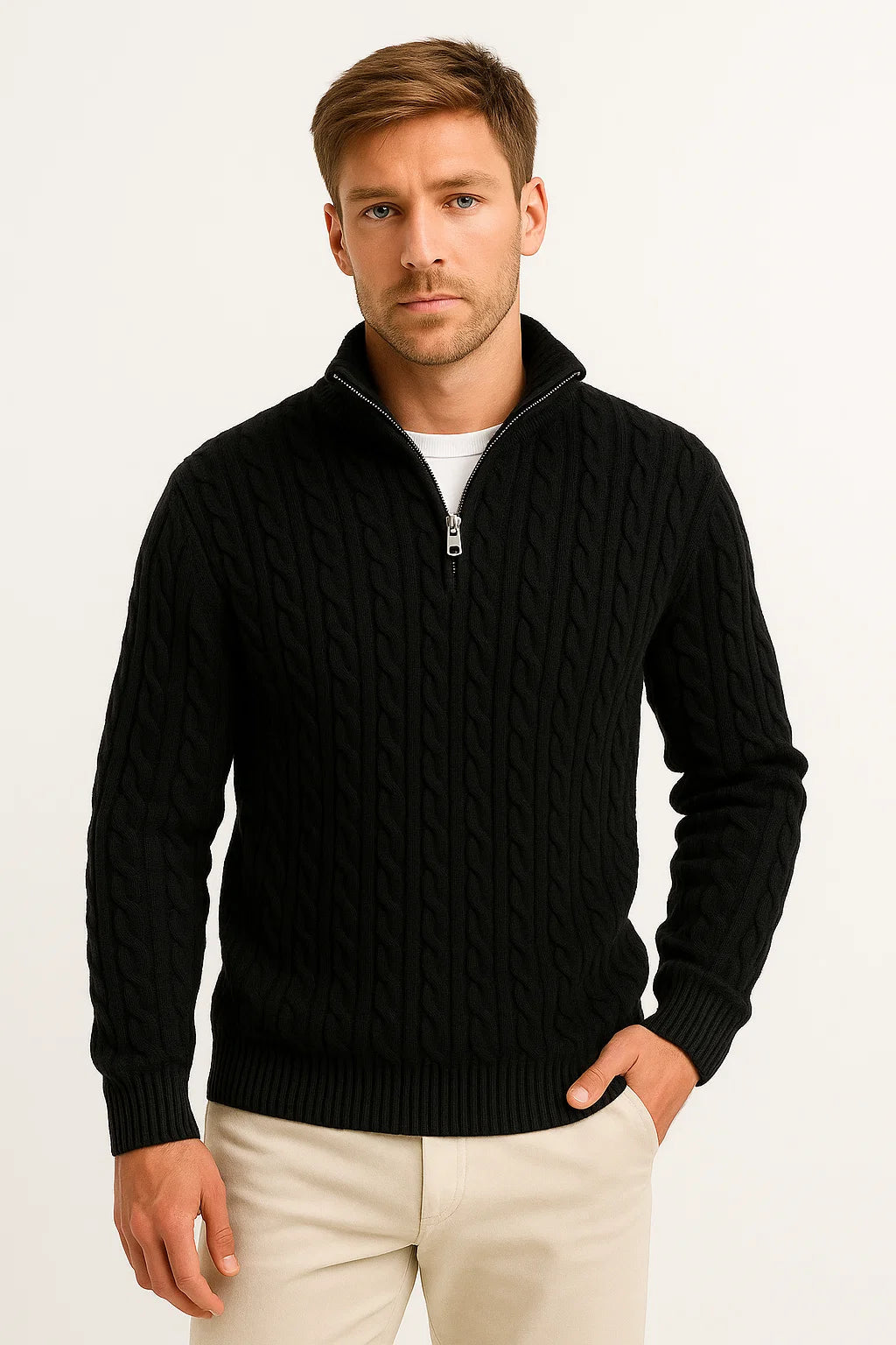 Men's cable knit half-zip sweater with high collar