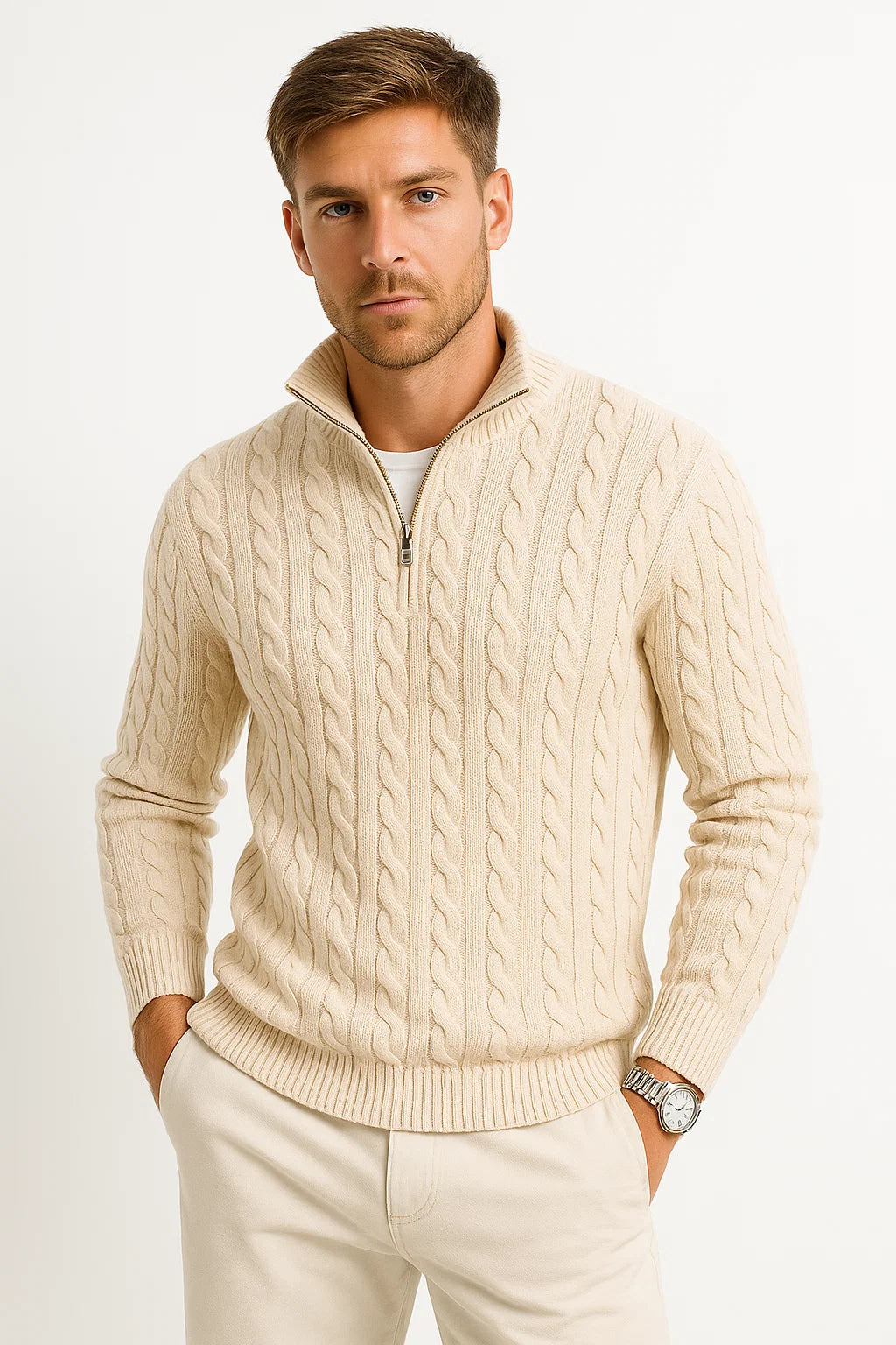 Men's cable knit half-zip sweater with high collar