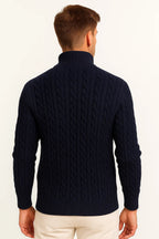 Men's cable knit half-zip sweater with high collar