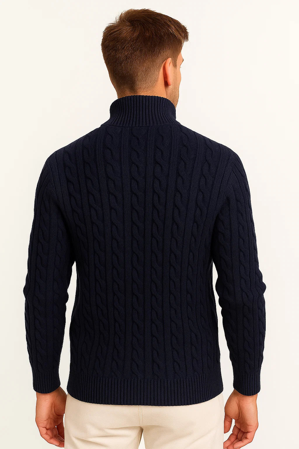Men's cable knit half-zip sweater with high collar