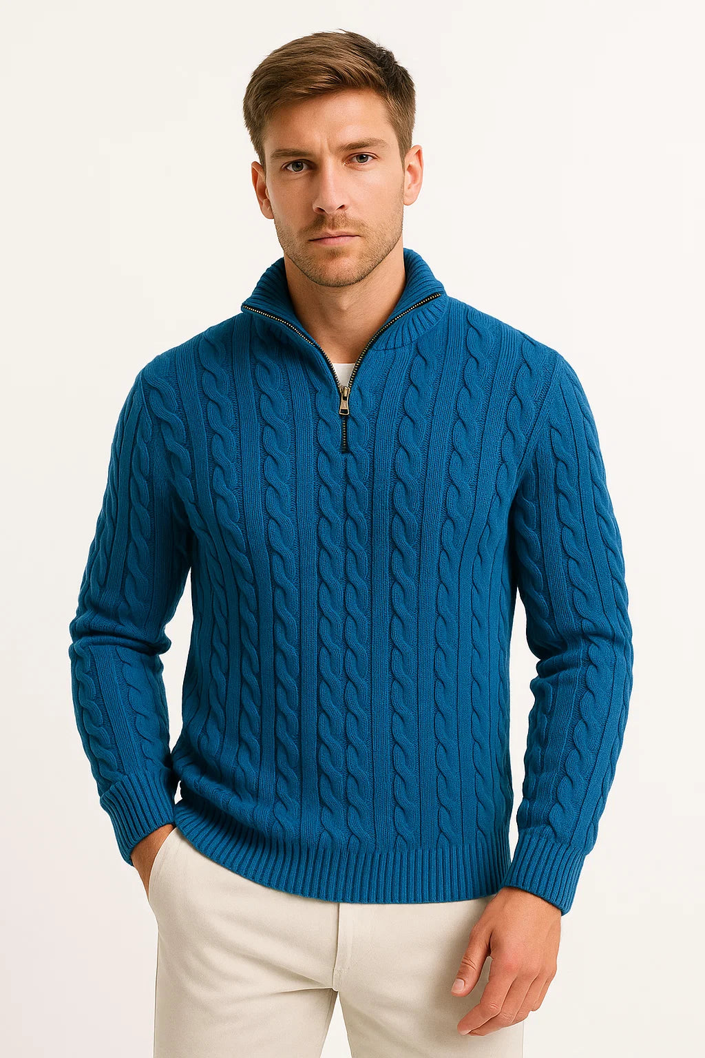 Men's cable knit half-zip sweater with high collar