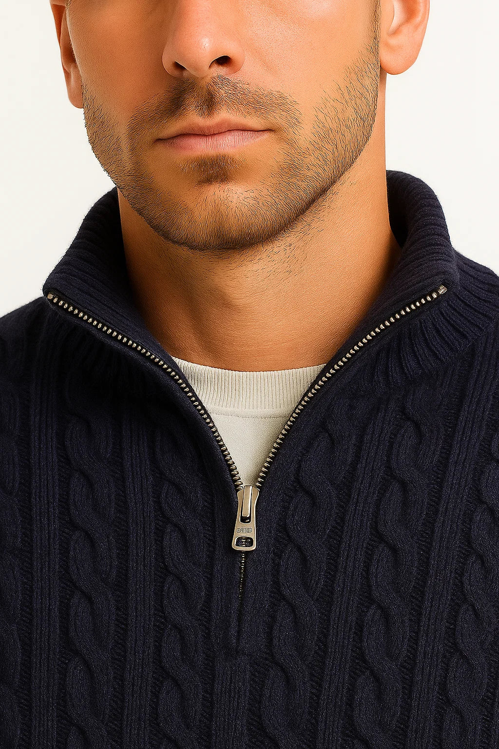 Men's cable knit half-zip sweater with high collar