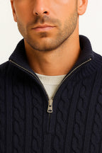 Men's cable knit half-zip sweater with high collar