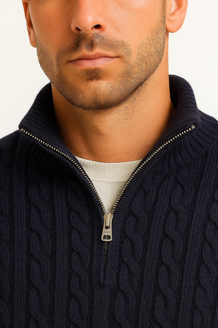 Men's cable knit half-zip sweater with high collar