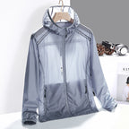 Hooded long-sleeve windbreaker jacket with front zip and two zipped pockets