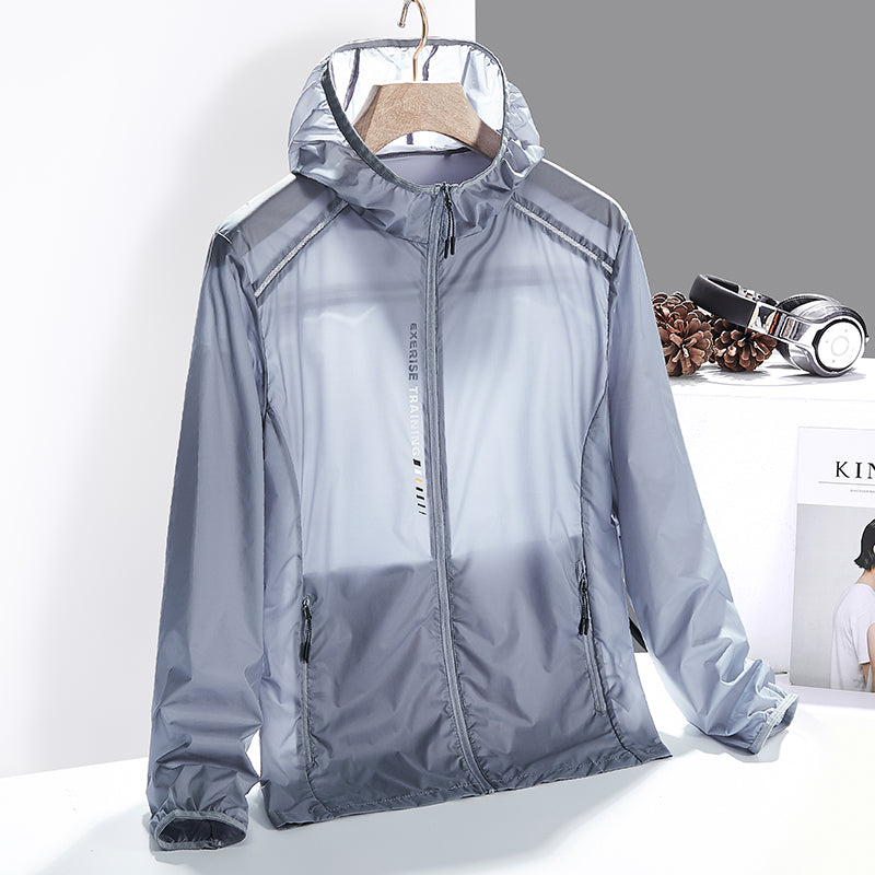 Hooded long-sleeve windbreaker jacket with front zip and two zipped pockets